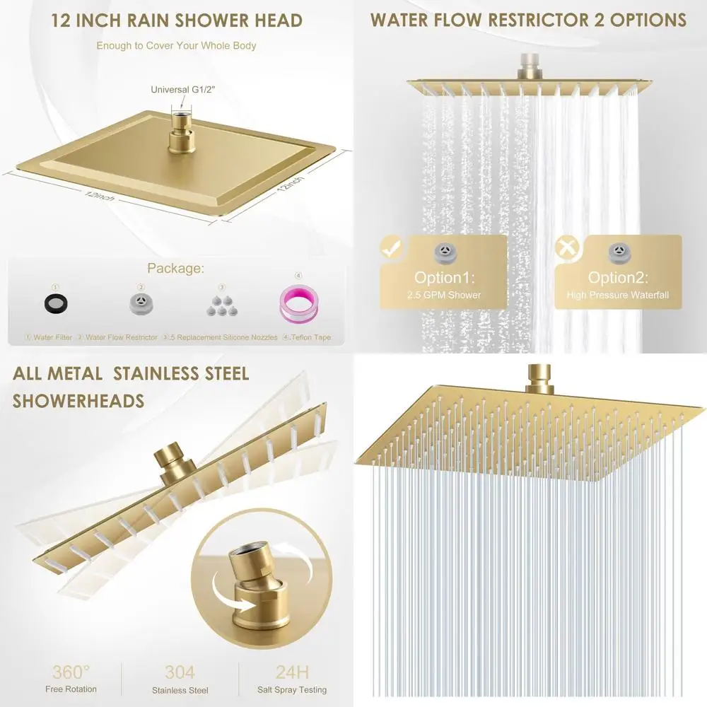 12 Square Brushed Gold Shower Head, All Metal 304 Stainless Steel, Full Body Waterfall, 144 Silicone Nozzles, Modern Bathroom Fi
12 Square Brushed Gold Shower Head, All Metal 304 Stainless Steel, Full Body Waterfall, 144 Silicone Nozzles, Modern Bathroom Fi