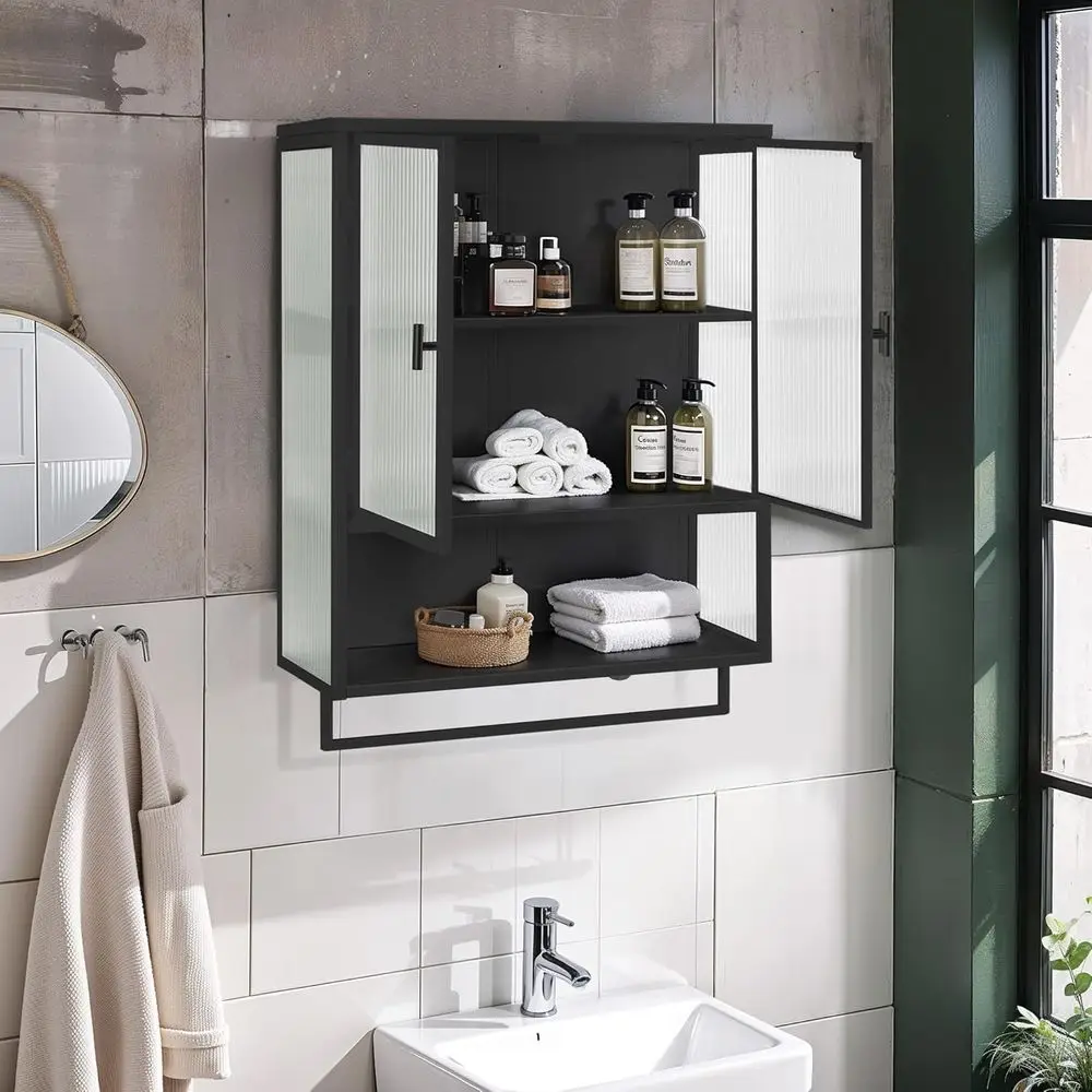 Black Two-Door Glass Wall Cabinet with Two-Tier Storage, Open Shelf, and Towel Bar for Entryway, Living Room, Bathroom, or Dinin
Black Two-Door Glass Wall Cabinet with Two-Tier Storage, Open Shelf, and Towel Bar for Entryway, Living Room, Bathroom, or Dinin