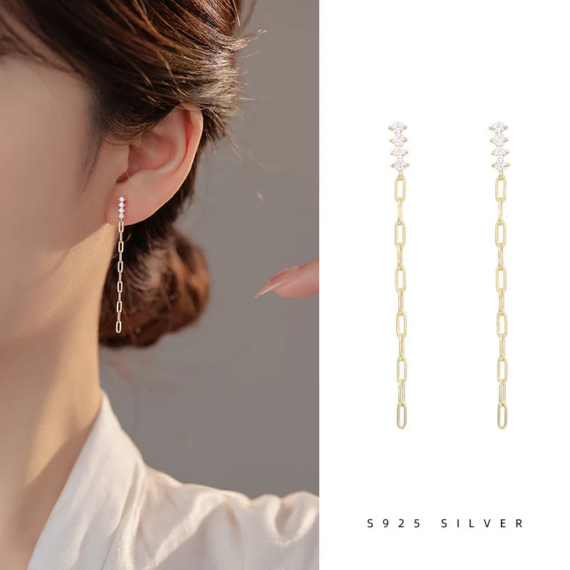 925 Sterling Silver Chain Tassel Zircon Earrings for Women Temperament Plated 14K Gold Korean Earrings
925 Sterling Silver Chain Tassel Zircon Earrings for Women Temperament Plated 14K Gold Korean Earrings