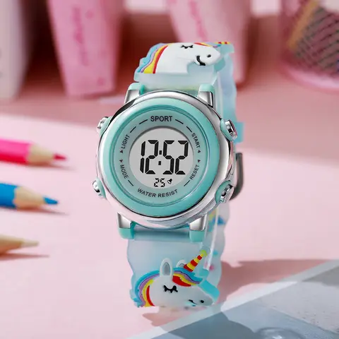New cute unicorn head cartoon student simple 3D youth watches for girls