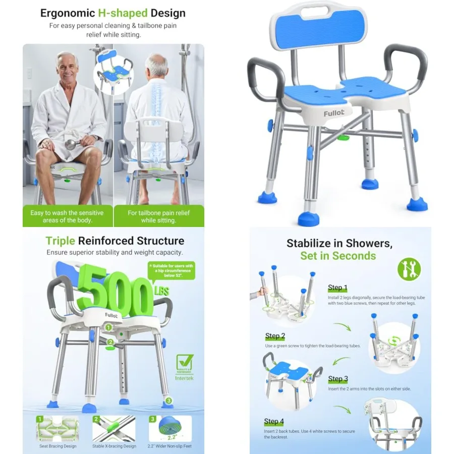 Ergonomic H-Shaped Shower Chair for Elderly and Disabled with Padded Back and Arms, 500 lbs Heavy Duty Adjustable Shower Stool
Ergonomic H-Shaped Shower Chair for Elderly and Disabled with Padded Back and Arms, 500 lbs Heavy Duty Adjustable Shower Stool