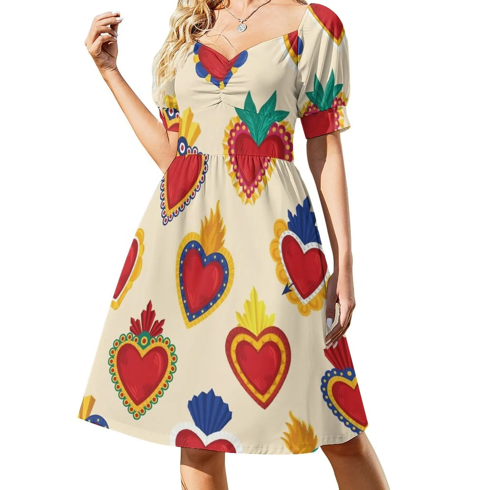Mexican Sacred Hearts Pattern / Beige Background by Akbaly Short-Sleeved Dress loose women's dress dress women elegant luxury
Mexican Sacred Hearts Pattern / Beige Background by Akbaly Short-Sleeved Dress loose women's dress dress women elegant luxury