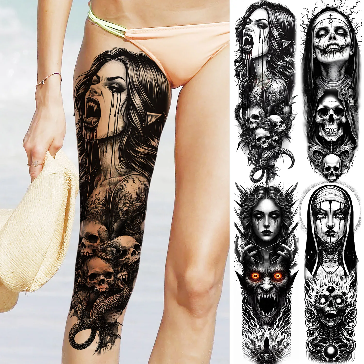 1 Sheet Scary Vampire Skull Full Arm Temporary Tattoo Sleeve For Halloween Realistic Zombie Demon Fake Tattoos Body Leg Sticker
1 Sheet Scary Vampire Skull Full Arm Temporary Tattoo Sleeve For Halloween Realistic Zombie Demon Fake Tattoos Body Leg Sticker