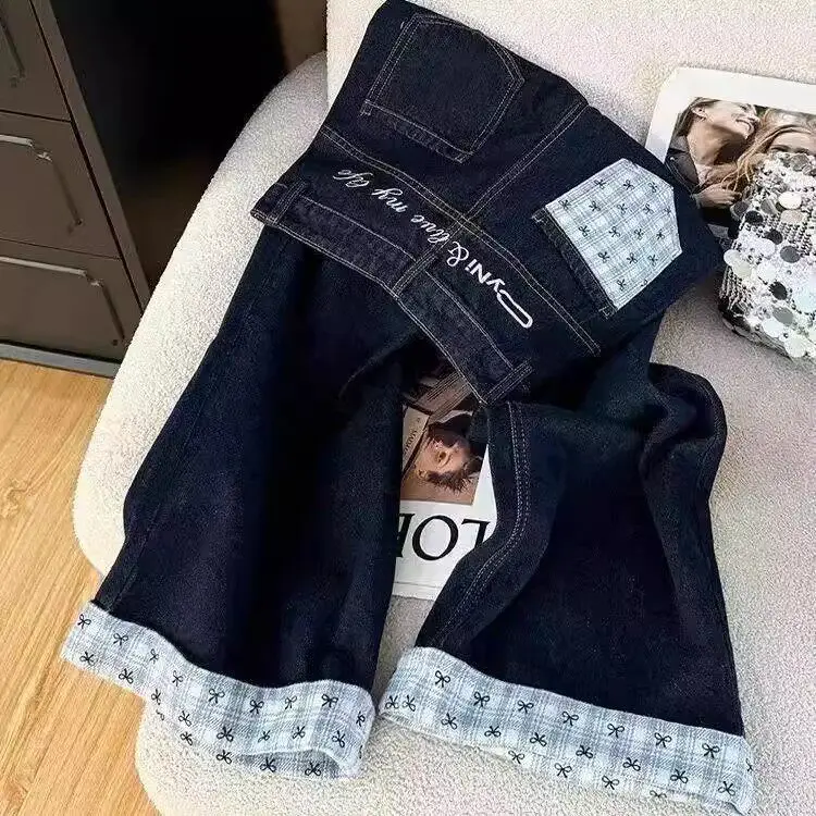 Retro Deep Blue Plaid Splicing Straight Leg Denim Pants Women's High Waist Design Large Size Knot Wide Leg Trousers
Retro Deep Blue Plaid Splicing Straight Leg Denim Pants Women's High Waist Design Large Size Knot Wide Leg Trousers