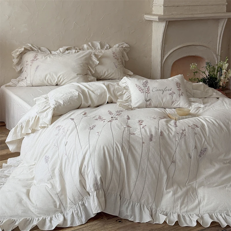 Natural Cotton Linen Flowers Embroidery Ruffles Bedding Set Duvet Cover (No filler) Bed Sheet/Fitted Sheet Pillowcases 4Pcs
Natural Cotton Linen Flowers Embroidery Ruffles Bedding Set Duvet Cover (No filler) Bed Sheet/Fitted Sheet Pillowcases 4Pcs