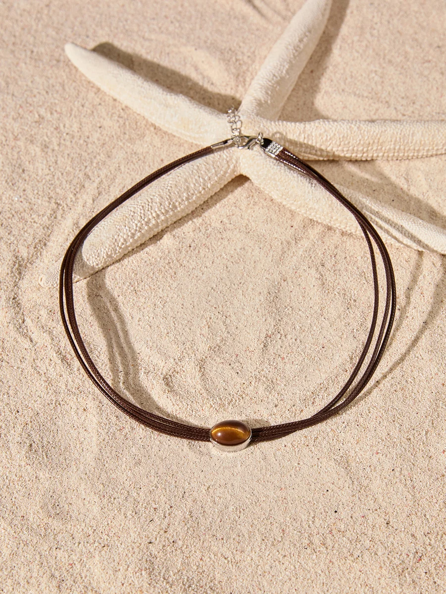 Brown Leather Choker Necklace With Tiger Eye Stone Pendant For Women
Brown Leather Choker Necklace With Tiger Eye Stone Pendant For Women
