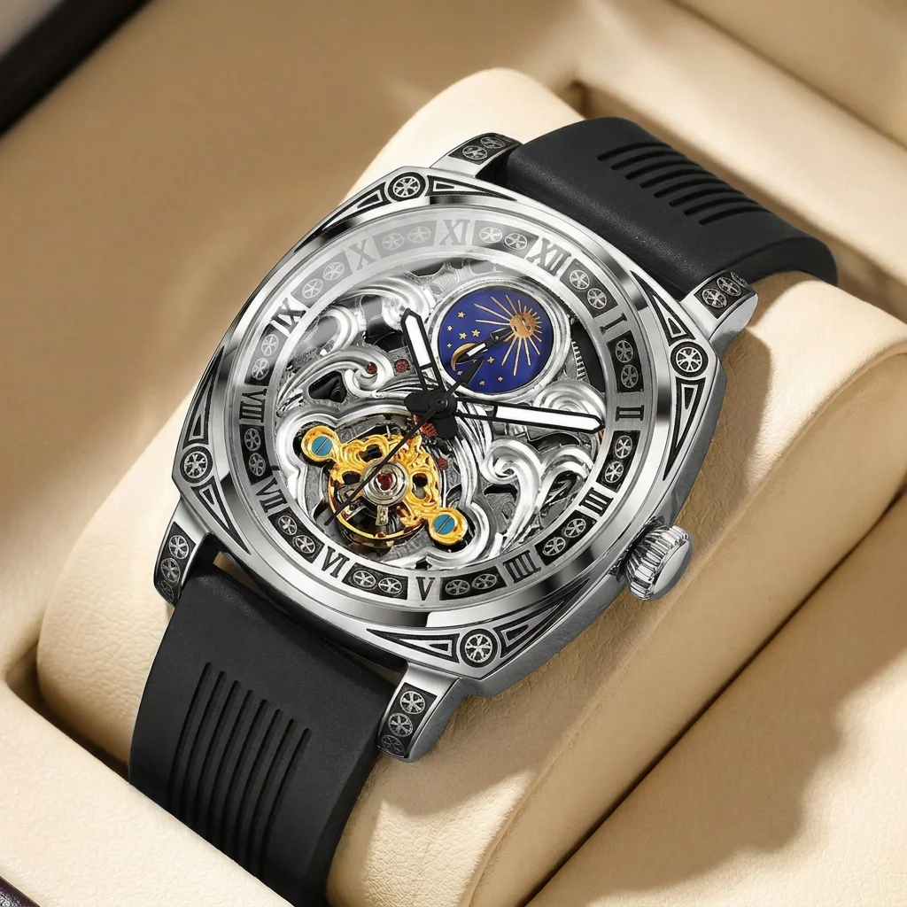 1pcs Men's silver dial silicone strap vintage fashion skeleton gear luxury details Mechanical Watch for daily business party hol
1pcs Men's silver dial silicone strap vintage fashion skeleton gear luxury details Mechanical Watch for daily business party hol
