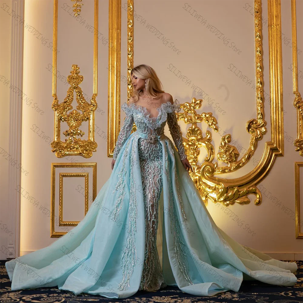 Luxury Off The Shoulder Long Sleeve Pearls Prom Dress Sky Blue Formal Evening Gown Vestido De Noite
Luxury Off The Shoulder Long Sleeve Pearls Prom Dress Sky Blue Formal Evening Gown Vestido De Noite