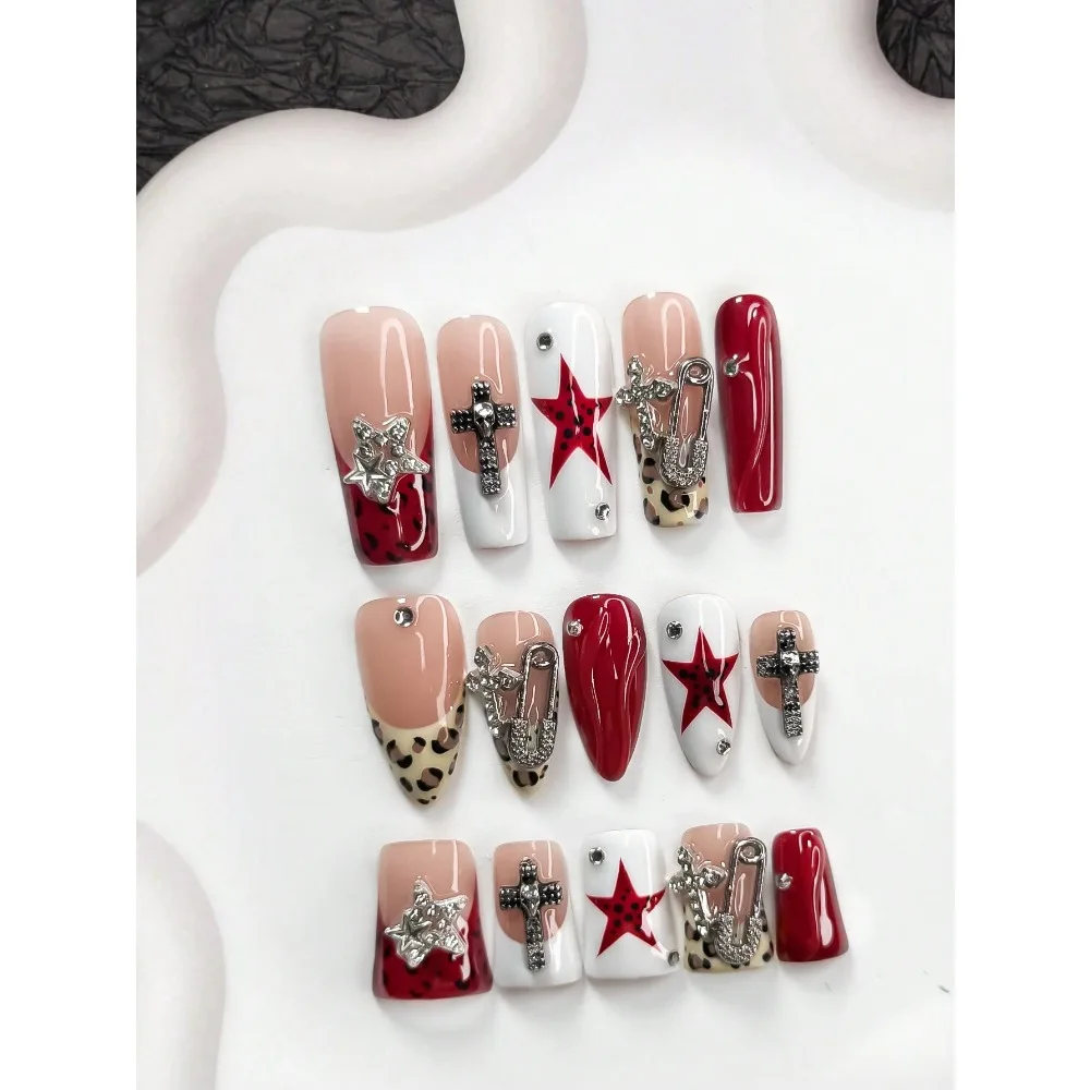 10pcs Y2K Millennium Style Gel Nail Art Set, Acrylic Press-On Nails, Rhinestone Cross, Shiny Silver Pentagram, Paper Clips, Dark Vintage Skull Cross Nail Decor, Hand-Painted Red Pentagram With Black Dots, Solid Color Water Drops, Leopard Print Nail Decora
10pcs Y2K Millennium Style Gel Nail Art Set, Acrylic Press-On Nails, Rhinestone Cross, Shiny Silver Pentagram, Paper Clips, Dark Vintage Skull Cross Nail Decor, Hand-Painted Red Pentagram With Black Dots, Solid Color Water Drops, Leopard Print Nail Decora