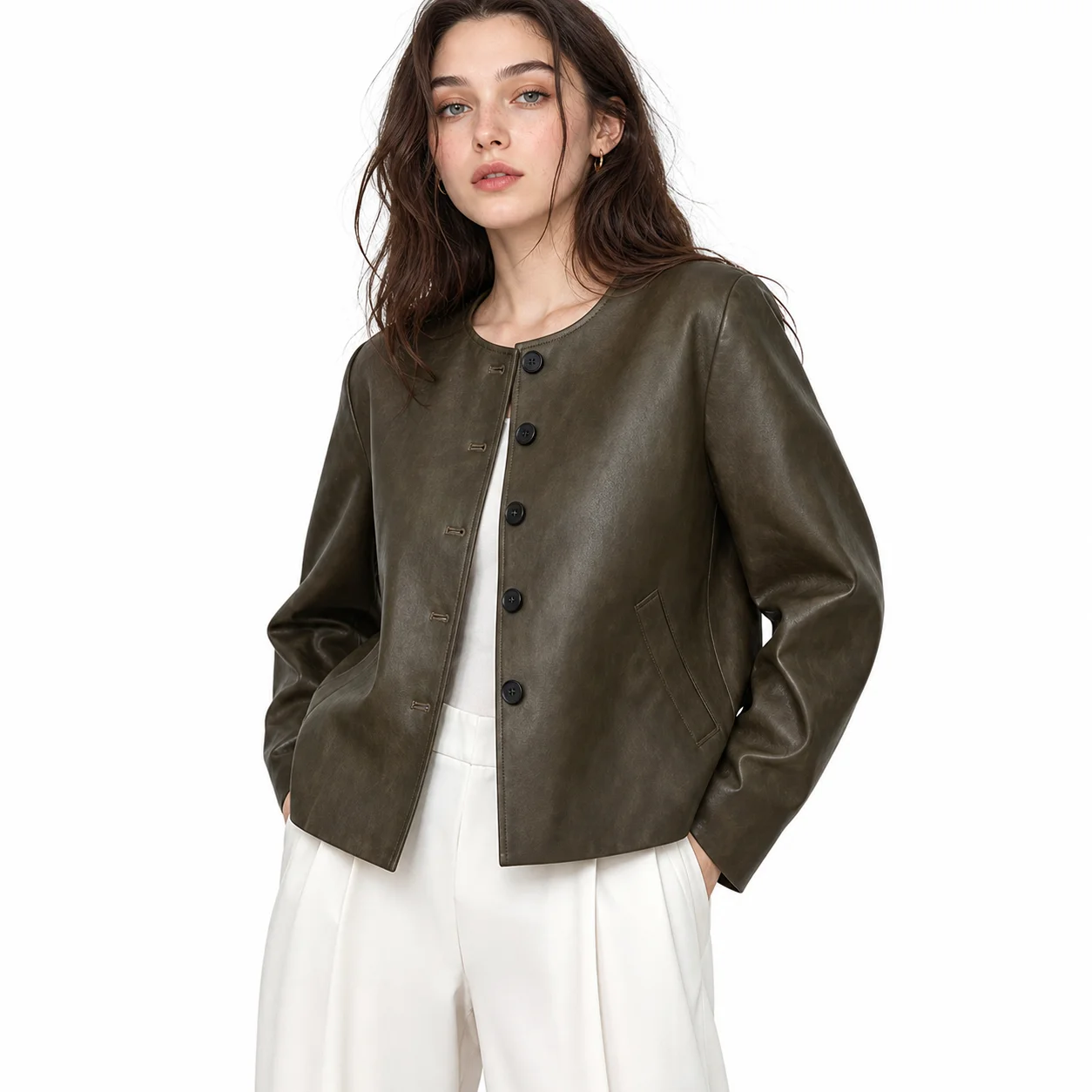 2026 Autumn Women Faux Leather Jacket Round Collar Button Down Short Moto Coat Vintage Streetwear Outfit
2026 Autumn Women Faux Leather Jacket Round Collar Button Down Short Moto Coat Vintage Streetwear Outfit