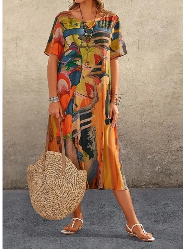 Summer Women's New Fashionable Casual Printed Dress Summer Short Sleeved Waist Cinched Round Neck Loose Beach Long Skirt
Summer Women's New Fashionable Casual Printed Dress Summer Short Sleeved Waist Cinched Round Neck Loose Beach Long Skirt