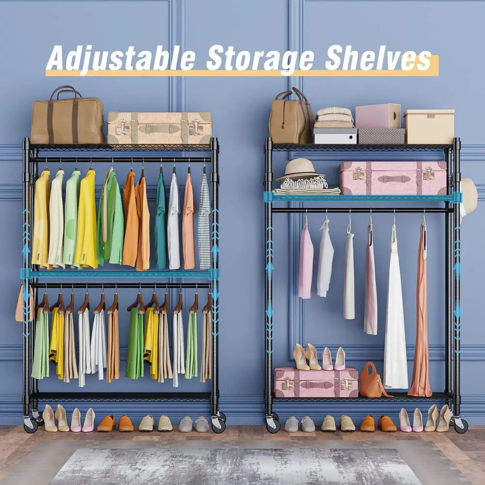 Double Rod Closet 3 Shelves Wire Shelving Clothing Rolling Rack Heavy Duty Garment Rack with Wheels and Side Hooks
Double Rod Closet 3 Shelves Wire Shelving Clothing Rolling Rack Heavy Duty Garment Rack with Wheels and Side Hooks