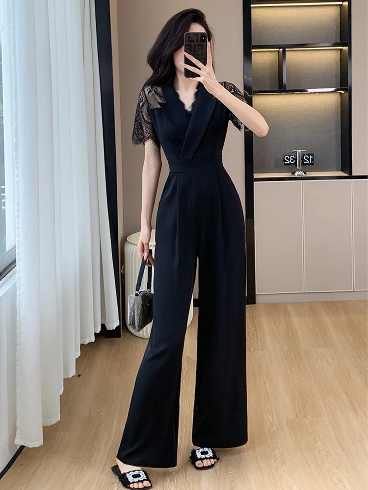Chic Black Women Formal Jumpsuit Sheer Lace Short Sleeve Slim Long Pant Elegant Office Lady High Waist Wide Leg Romper Daily New
Chic Black Women Formal Jumpsuit Sheer Lace Short Sleeve Slim Long Pant Elegant Office Lady High Waist Wide Leg Romper Daily New
