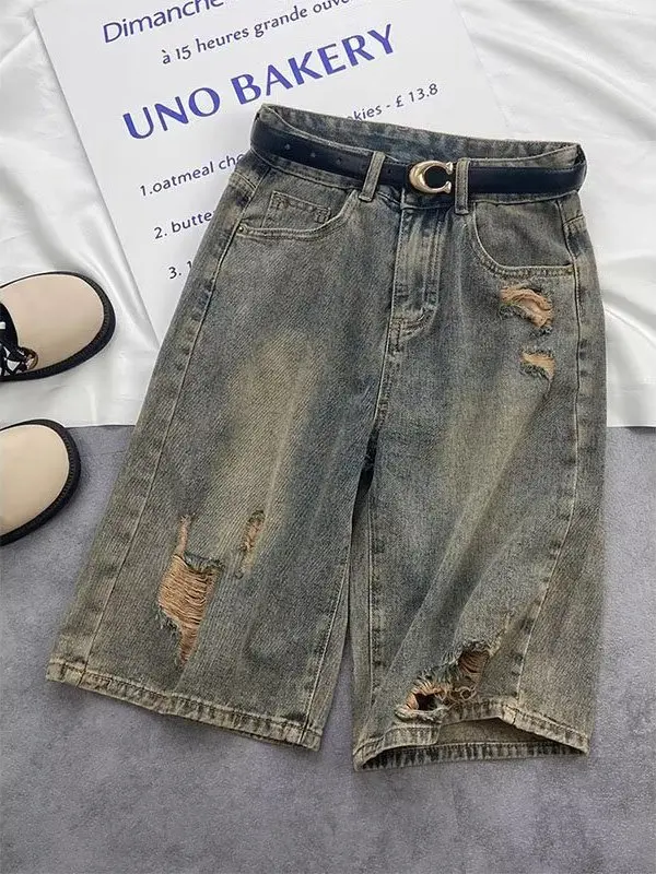 American Retro Hole Denim Five-Point Pants Women Summer Thin High Waist Large Size Loose Slim Wide Leg Medium Pants
American Retro Hole Denim Five-Point Pants Women Summer Thin High Waist Large Size Loose Slim Wide Leg Medium Pants