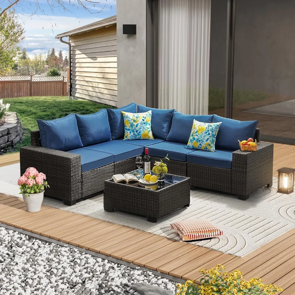 6 Pieces Patio Furniture Set All-Weather Outdoor Wicker Sectional Conversation Sofa Rattan Patio Seating Sofa With, Customized