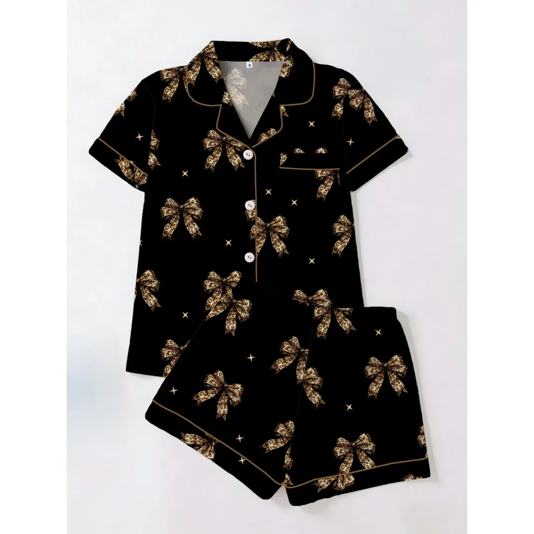 Black Leopard Bow Tie Print Pajamas 2pcs for Women Home Wear Set Loungewear Lapel Short-sleeved Shirts Short Pants Summer Gifts
Black Leopard Bow Tie Print Pajamas 2pcs for Women Home Wear Set Loungewear Lapel Short-sleeved Shirts Short Pants Summer Gifts