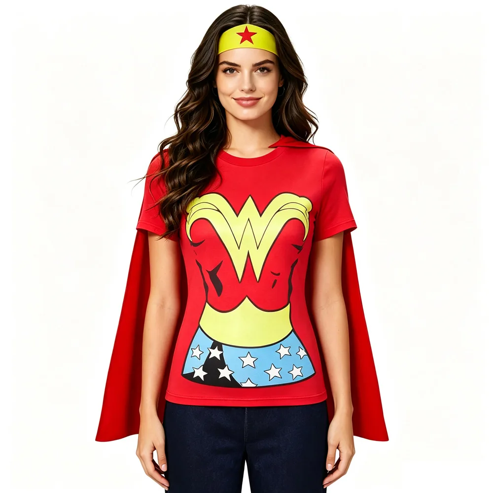 Women's Cosplay Costume Set - Superhero T-Shirt with Cape and Headband, Adult Outfit for Halloween Party, Themed Ev
Women's Cosplay Costume Set - Superhero T-Shirt with Cape and Headband, Adult Outfit for Halloween Party, Themed Ev