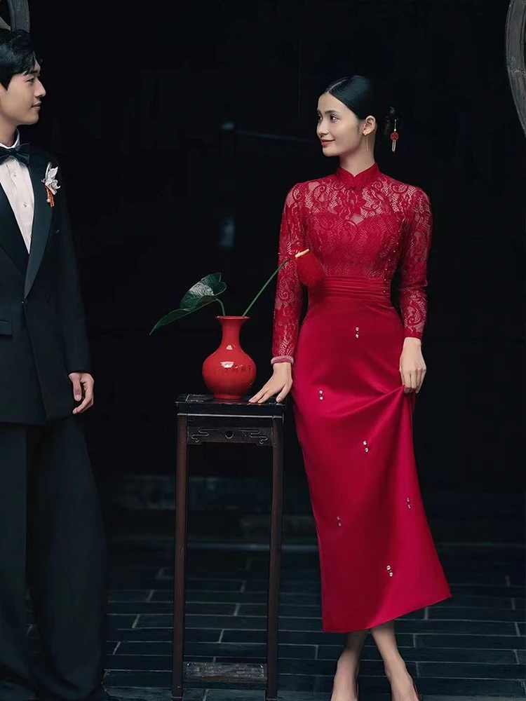 Ele Red Vintage Qipao Engagement Dr Wedding Dr for Bride Winter Return Home Ceremony Long Sve Mid-Length Gown
Ele Red Vintage Qipao Engagement Dr Wedding Dr for Bride Winter Return Home Ceremony Long Sve Mid-Length Gown