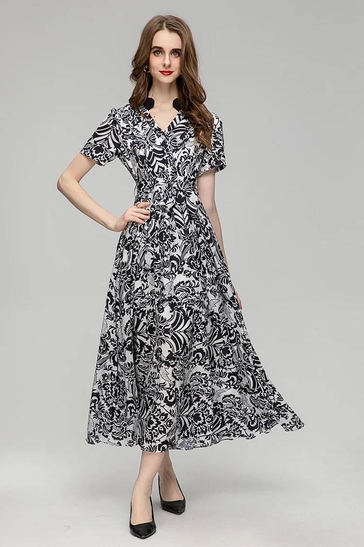 New Summer Runway Fashion Women's Casual Vacation V-Neck Bow-frenulum Vintage Print High Waist Slim Long Dress
New Summer Runway Fashion Women's Casual Vacation V-Neck Bow-frenulum Vintage Print High Waist Slim Long Dress