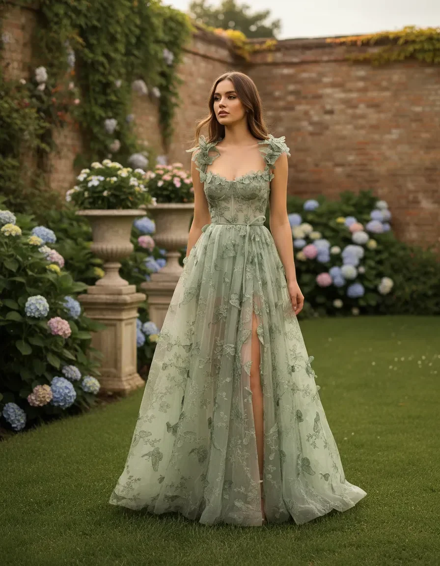 Elegant Mint Green 3D Butterfly Applique Tulle Prom Dress Corset High Slit Evening Gown for Quinceanera Wedding Party
Elegant Mint Green 3D Butterfly Applique Tulle Prom Dress Corset High Slit Evening Gown for Quinceanera Wedding Party