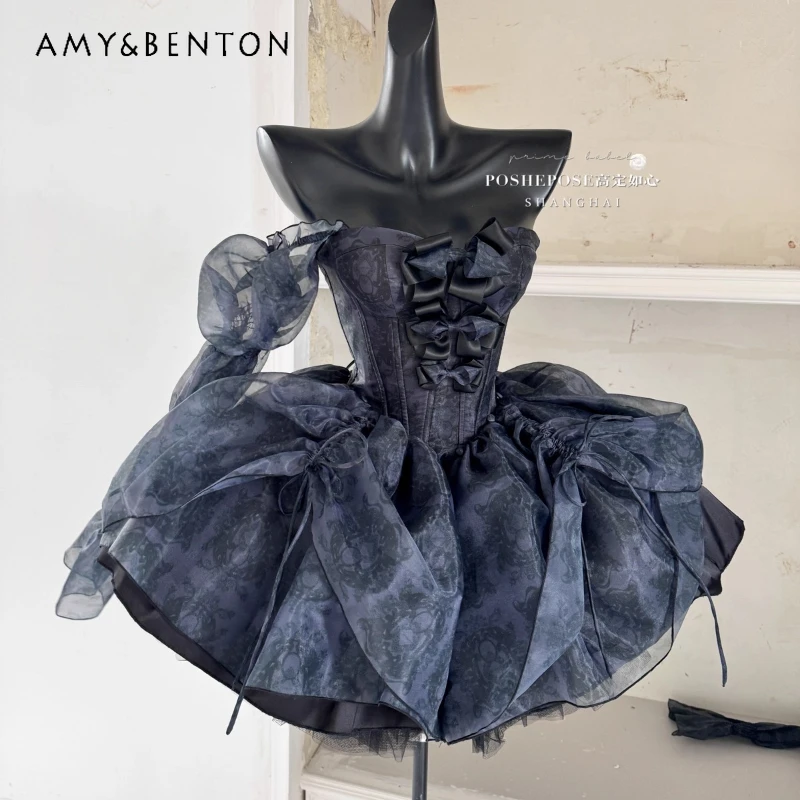 2025 Summer New Black Organza Bow Lace-up Women's Short Dress Original Design Sweet Cute Lolita Slimming Puff Dresses Ladies 
2025 Summer New Black Organza Bow Lace-up Women's Short Dress Original Design Sweet Cute Lolita Slimming Puff Dresses Ladies