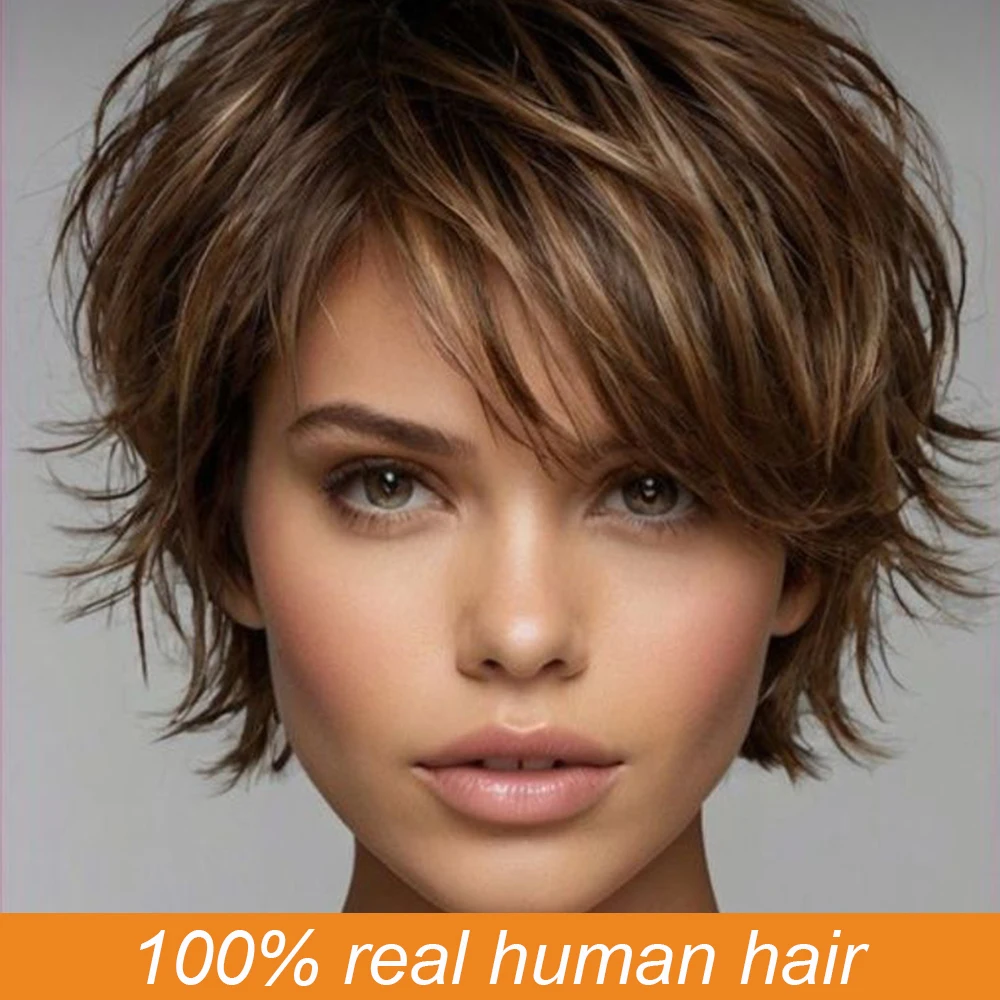 P4/27 Highlight Women's Wig Pixie Cut Human Hair With Bangs Machine Made Rose Net Cap for Quick Hairstyle Change, Everyday
P4/27 Highlight Women's Wig Pixie Cut Human Hair With Bangs Machine Made Rose Net Cap for Quick Hairstyle Change, Everyday