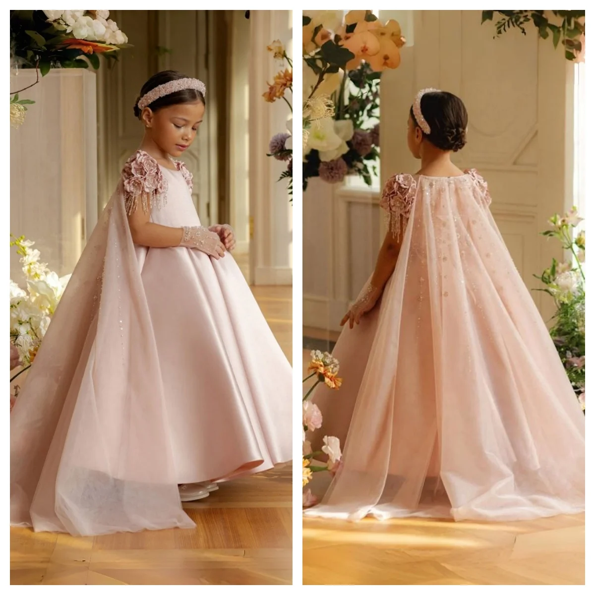 Blush Pink Satin Flower Girl Dress 3D Rose Shoulder Sparkle Tulle Cape Floor Length Princess Gown Wedding Birthday Party Dress
Blush Pink Satin Flower Girl Dress 3D Rose Shoulder Sparkle Tulle Cape Floor Length Princess Gown Wedding Birthday Party Dress
