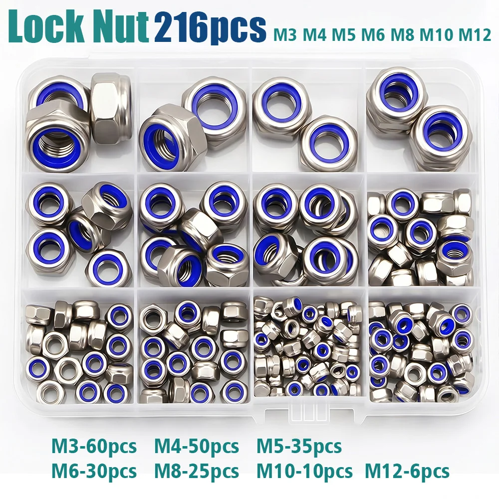 216pcs Stainless Steel Nylon Insert Lock Nuts M3-M12, built-in nylon ring, effective vibration resistance and anti-loosening.
216pcs Stainless Steel Nylon Insert Lock Nuts M3-M12, built-in nylon ring, effective vibration resistance and anti-loosening.