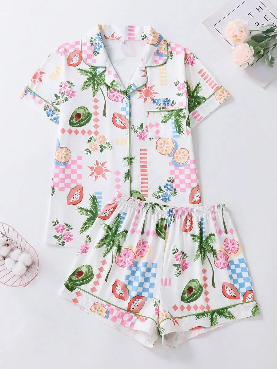 2pcs Women Floral Leaf Print Casual Pocket Button Pajama Set Summer All Seasons
2pcs Women Floral Leaf Print Casual Pocket Button Pajama Set Summer All Seasons