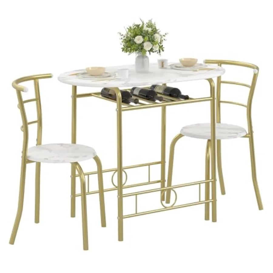 3-Piece Dining Table Set for Kitchen Breakfast Nook with Wood Grain Oval Top and Metal Frame Built-in Wine Rack White and Gold
3-Piece Dining Table Set for Kitchen Breakfast Nook with Wood Grain Oval Top and Metal Frame Built-in Wine Rack White and Gold