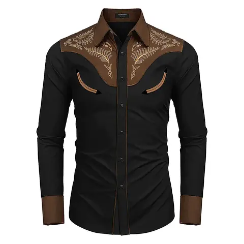2024 New Fashion Men's Western Printed Long -sleeved Lapel Single -breasted Shirt Casual Social Men's Club Street Clothing