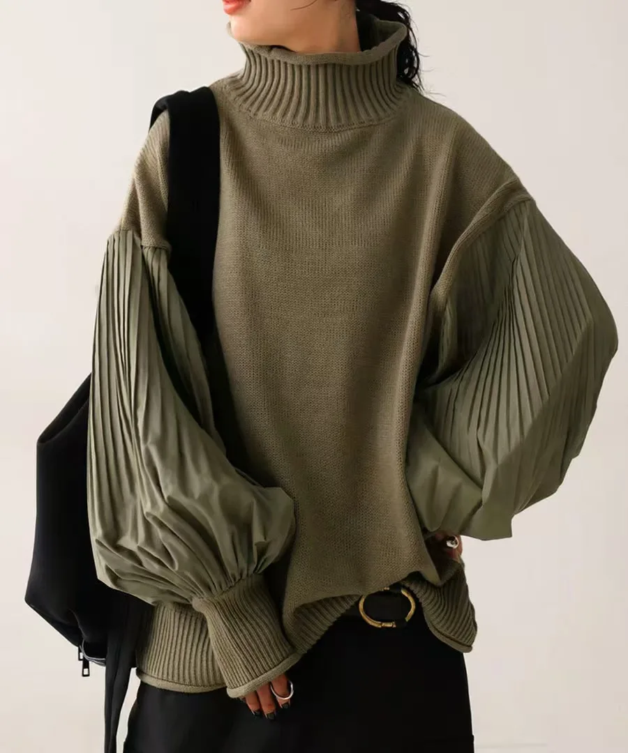 Elegant Turtleneck Sweater Patchwork Ruffled Sleeves Loose Casual Knit Sweater Coat Autumn and Winter Temperament Women Wear
Elegant Turtleneck Sweater Patchwork Ruffled Sleeves Loose Casual Knit Sweater Coat Autumn and Winter Temperament Women Wear