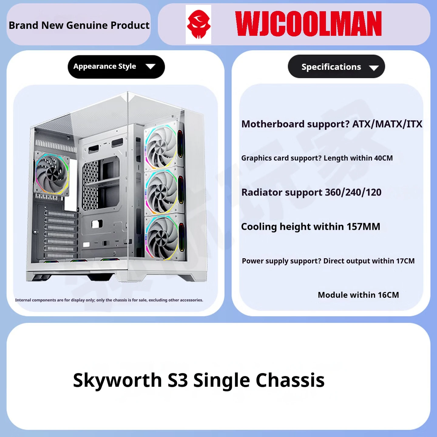 WJCOOLMAN Skyline S3 Three-sided Glass Panoramic Sea View Room Computer Case Supports 360 Degree Water Cooling
WJCOOLMAN Skyline S3 Three-sided Glass Panoramic Sea View Room Computer Case Supports 360 Degree Water Cooling