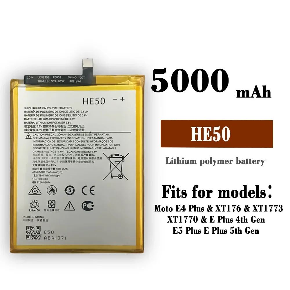 HE50 Battery For Motorola Moto E4 Plus E5 PLUS XT1770 XT1775 XT1774 XT1776 E Plus 4th 5th Gen 5000mAh Batteries
HE50 Battery For Motorola Moto E4 Plus E5 PLUS XT1770 XT1775 XT1774 XT1776 E Plus 4th 5th Gen 5000mAh Batteries