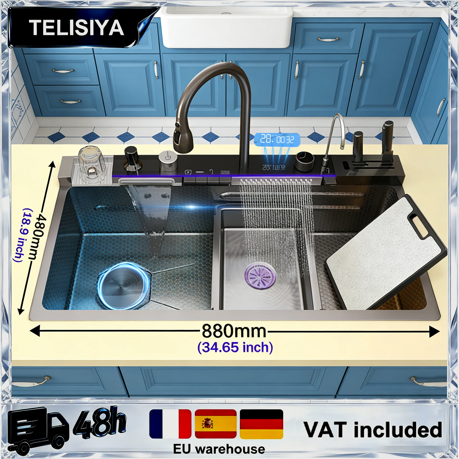 Умная кухонная мойка с цифровым дисплеем, водопадным изливом, большой одинарной чашей из нержавеющей стали для мытья овощей, с держателем для ножей
Умная кухонная мойка с цифровым дисплеем, водопадным изливом, большой одинарной чашей из нержавеющей стали для мытья овощей, с держателем для ножей