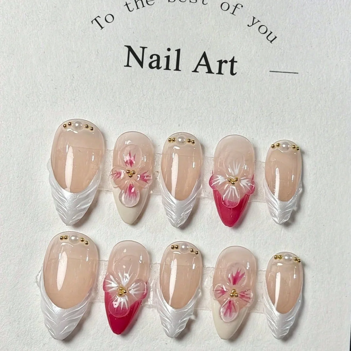 10pcs Datachable Handmade False Nails Sets White French Full Cover Nail Tips Flower Design Almond Fake Nail Art Press on Nails
10pcs Datachable Handmade False Nails Sets White French Full Cover Nail Tips Flower Design Almond Fake Nail Art Press on Nails
