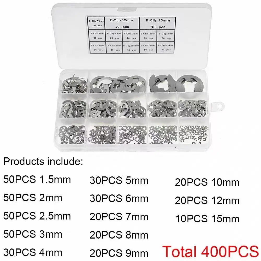 400pcs E-Clip Retaining Ring Kit, 304 Stainless Steel Circlips for 1.5mm-15mm Shafts, Assorted Sizes
400pcs E-Clip Retaining Ring Kit, 304 Stainless Steel Circlips for 1.5mm-15mm Shafts, Assorted Sizes