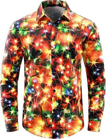 New Men's Christmas Shirt Funny Turkey Thanksgiving Shirt Santa Claus Long Sleeve Lapel Button-Down Shirt Family Party Outdoor
