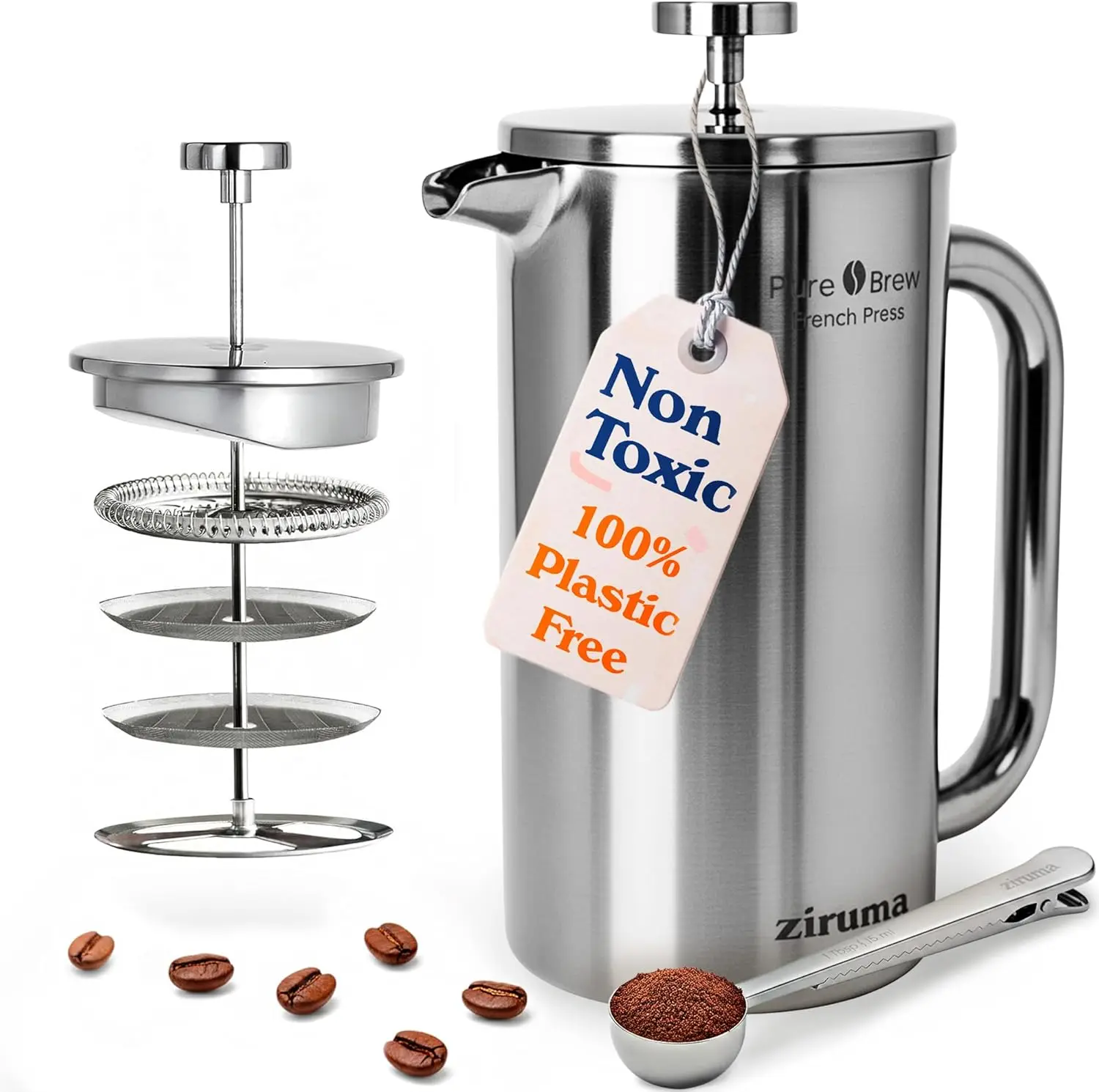 Non-Toxic French Press, 316 Surgical Stainless Steel, Plastic-Free, 34 Oz, Double Wall, 4-Layer Filter, Portable Coffee Maker
Non-Toxic French Press, 316 Surgical Stainless Steel, Plastic-Free, 34 Oz, Double Wall, 4-Layer Filter, Portable Coffee Maker