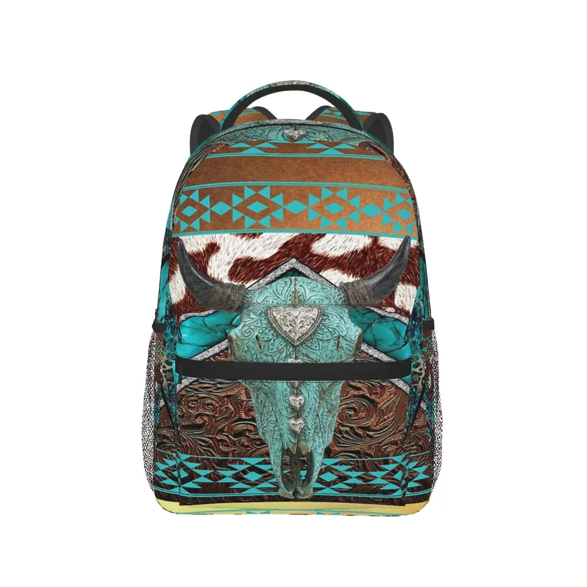 Cow Scull With Cowhide Tooled Leather Turquoise And Lightening Bolts Backpack Hot Sale Daypack BookBag School Bag Shoulder Bag
Cow Scull With Cowhide Tooled Leather Turquoise And Lightening Bolts Backpack Hot Sale Daypack BookBag School Bag Shoulder Bag