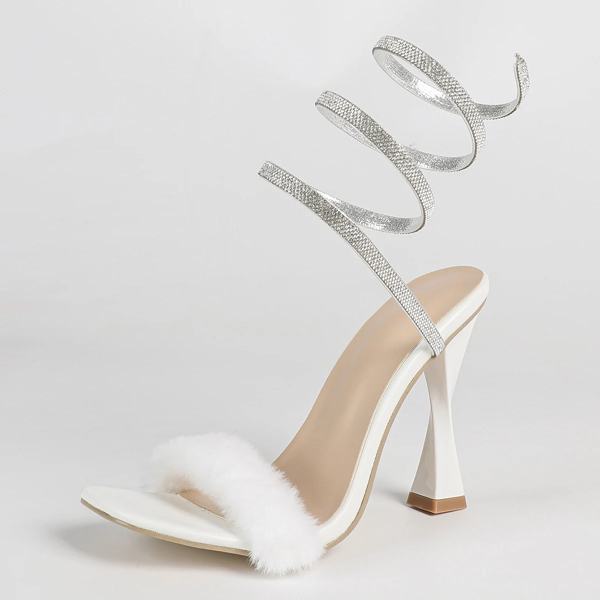 2026 Summer White Faux Fur Rhinestone Wrap Ankle Sandals Women Flare Heel Open Toe Shoes for Party Nightclub and Special Events
2026 Summer White Faux Fur Rhinestone Wrap Ankle Sandals Women Flare Heel Open Toe Shoes for Party Nightclub and Special Events