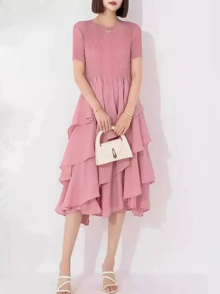 Pleated Fashion Casual Dress Pure Colour Round Neck Short Sleeve A-Line Midi Elegant Women's Miyake 2025 Summer New Dresses
Pleated Fashion Casual Dress Pure Colour Round Neck Short Sleeve A-Line Midi Elegant Women's Miyake 2025 Summer New Dresses