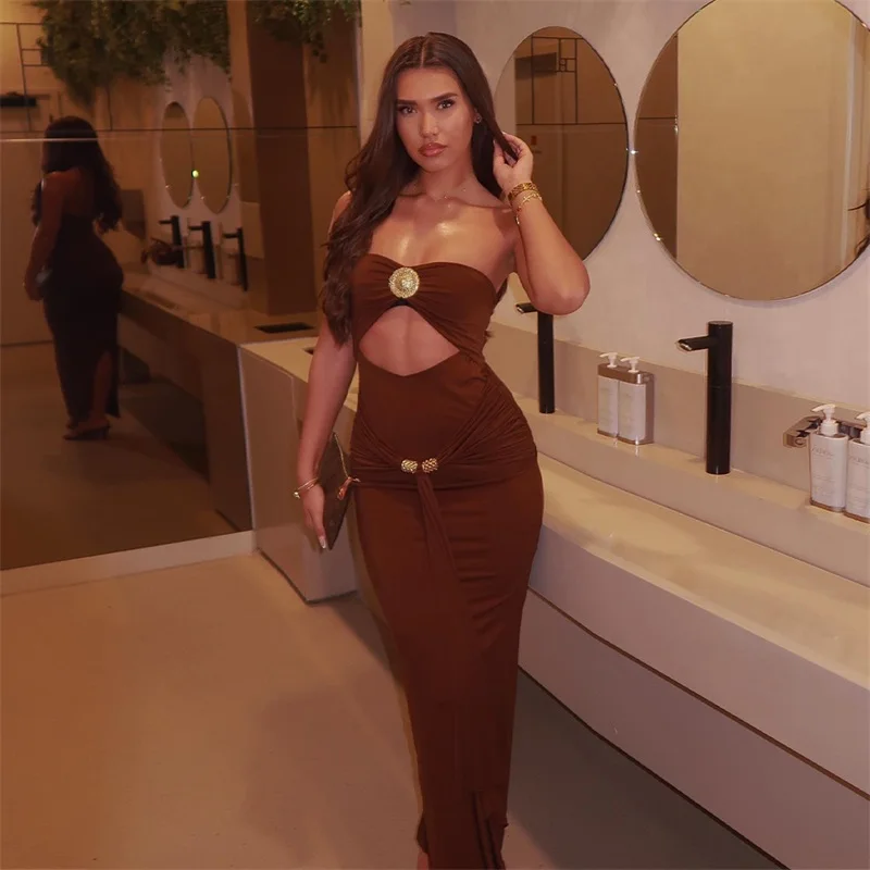 Strapless Metal Button Women Prom Dress Hollow Ribbon Party Gown Brown Green Backless Sleeveless Evening Dress Newest In Stock
Strapless Metal Button Women Prom Dress Hollow Ribbon Party Gown Brown Green Backless Sleeveless Evening Dress Newest In Stock