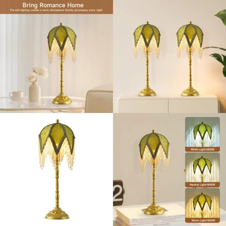 Vintage Tasselled Table Lamp with Beaded Shade, 3 Color Temperatures, Green and Gold, Victorian Style-C
Vintage Tasselled Table Lamp with Beaded Shade, 3 Color Temperatures, Green and Gold, Victorian Style-C