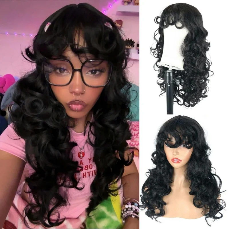 European, American, and African style short black wig with bangs, high-temperature fiber, fluffy long curly hair
European, American, and African style short black wig with bangs, high-temperature fiber, fluffy long curly hair