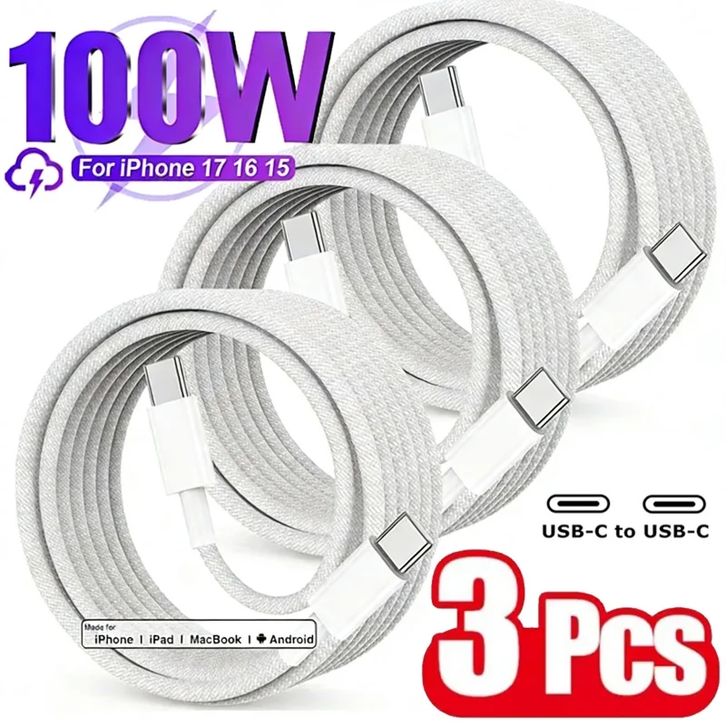 Комплект из 3 кабелей для быстрой зарядки, совместимых с iPhone 17/16/15, Samsung, Xiaomi, Huawei, USB-C на Type-C, нейлоновая оплетка
Комплект из 3 кабелей для быстрой зарядки, совместимых с iPhone 17/16/15, Samsung, Xiaomi, Huawei, USB-C на Type-C, нейлоновая оплетка