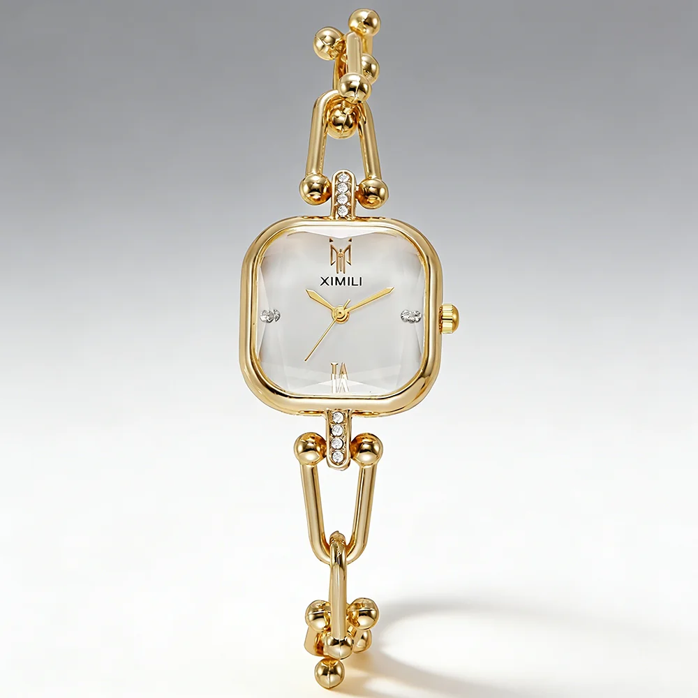 Женские часы XIMILI с квадратным циферблатом и кристаллами, золотистый браслет-цепочка, кварцевые наручные часы, элегантные часы для женщин
Женские часы XIMILI с квадратным циферблатом и кристаллами, золотистый браслет-цепочка, кварцевые наручные часы, элегантные часы для женщин