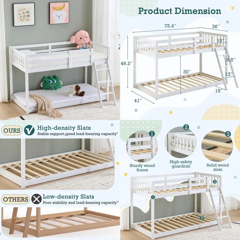 White Twin Size Kids Wooden Bunk Bed with Ladder, Strong Slats, Non-Toxic Finish, High Weight Capacity
White Twin Size Kids Wooden Bunk Bed with Ladder, Strong Slats, Non-Toxic Finish, High Weight Capacity