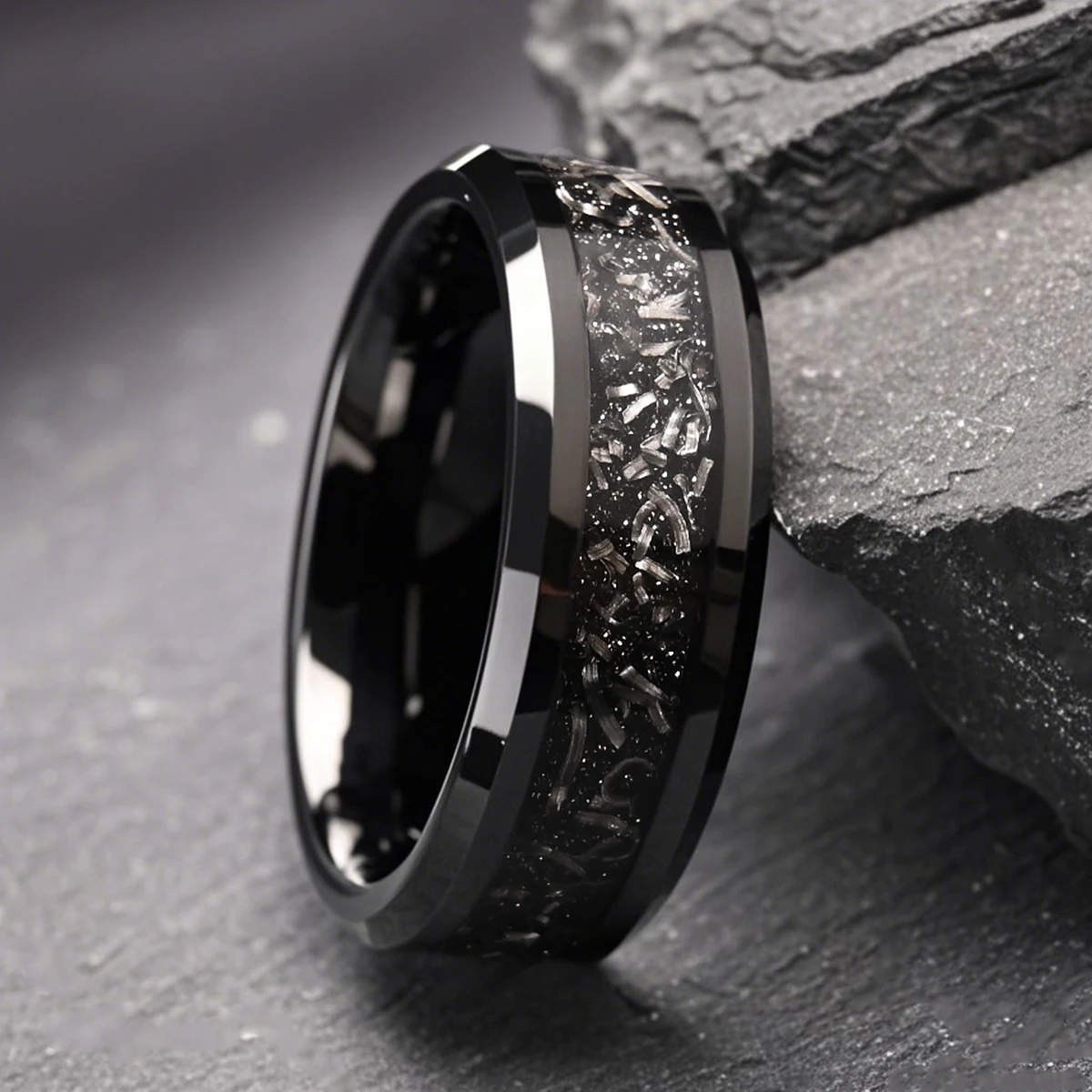 8mm black chamfered meteorite inlaid tungsten steel ring, high polished men's wedding band ring fashion jewelry accessories.
8mm black chamfered meteorite inlaid tungsten steel ring, high polished men's wedding band ring fashion jewelry accessories.