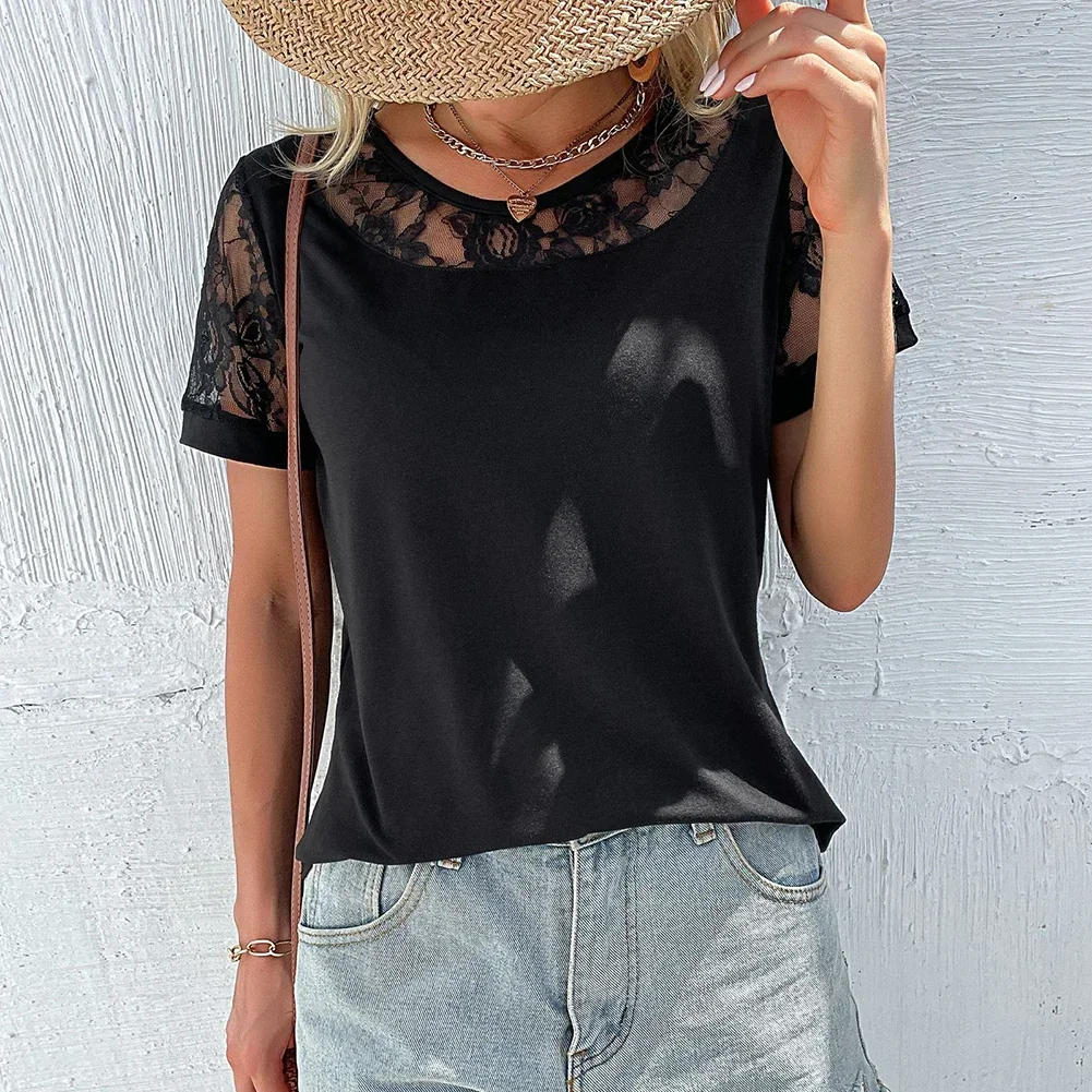 Casual Occasions Casual Round-neck Top Fashionable Lace Shirt Fashionable Black T-shirt Breathable Polyester Fabric
Casual Occasions Casual Round-neck Top Fashionable Lace Shirt Fashionable Black T-shirt Breathable Polyester Fabric